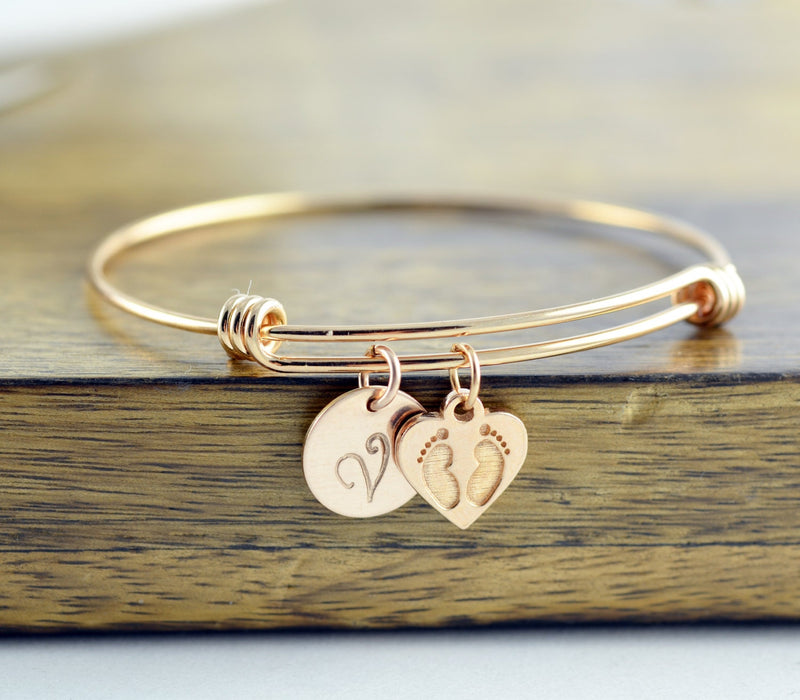 Personalized Rose Gold Baby Feet Charm Bracelet
