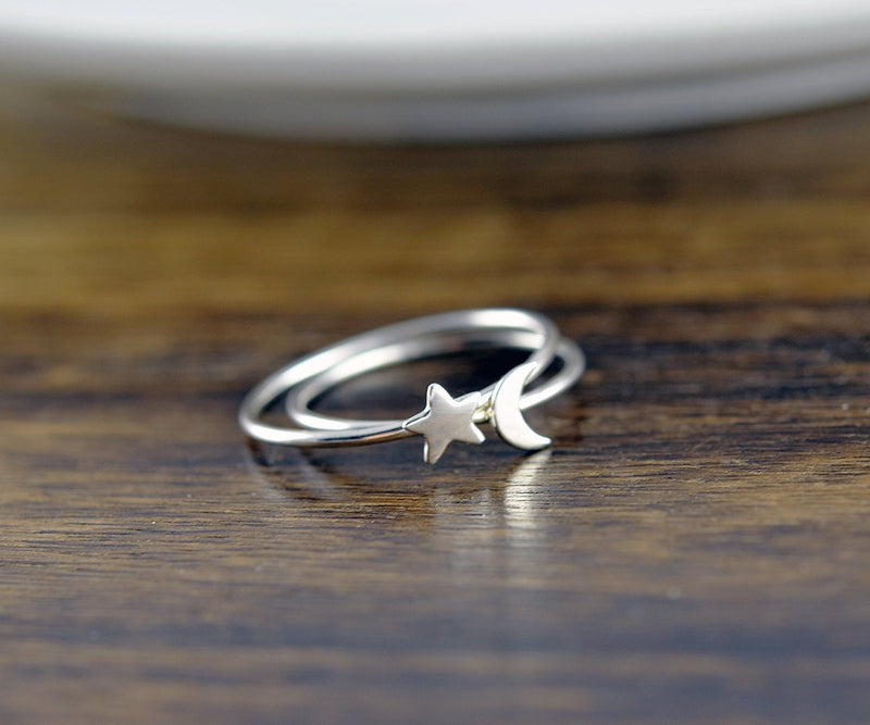 Sterling Silver Moon and Star Ring Set