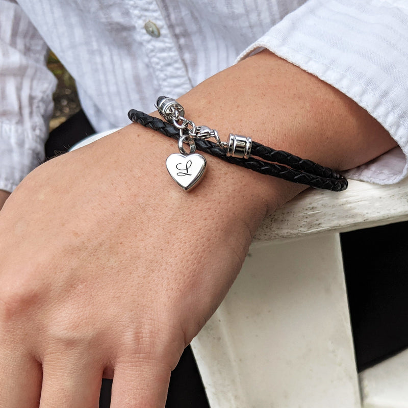 Leather Cremation Initial Heart Bracelet